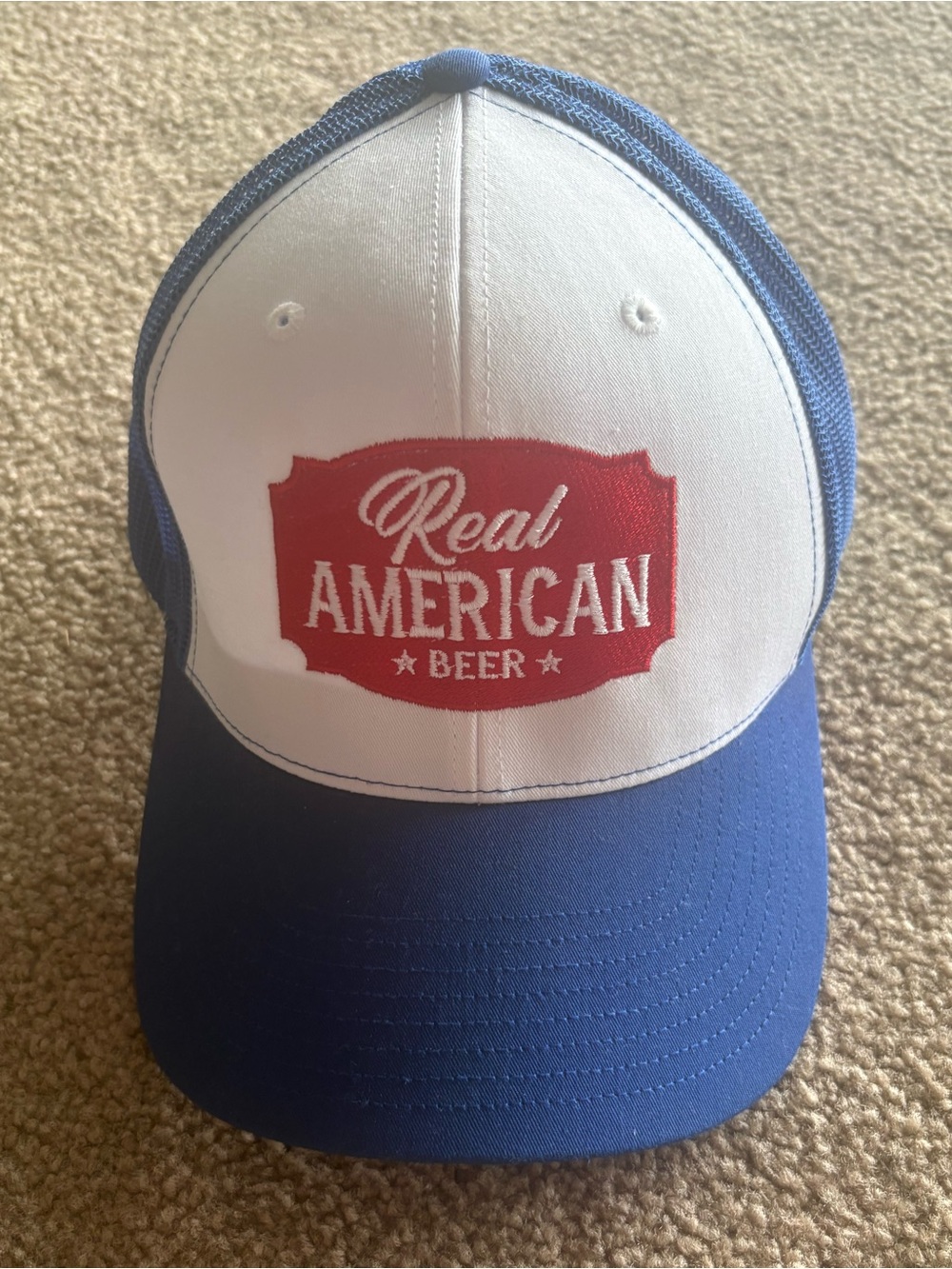 Real American Beer Trucker Hat - White & Blue with Red Patch